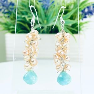 Sterling Silver Freshwater Pearl Cluster with Larimar Drop Earrings